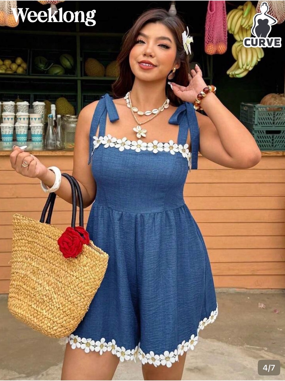 SHEIN Blue Daisy-Trim Tie-Shoulder Mini Dress